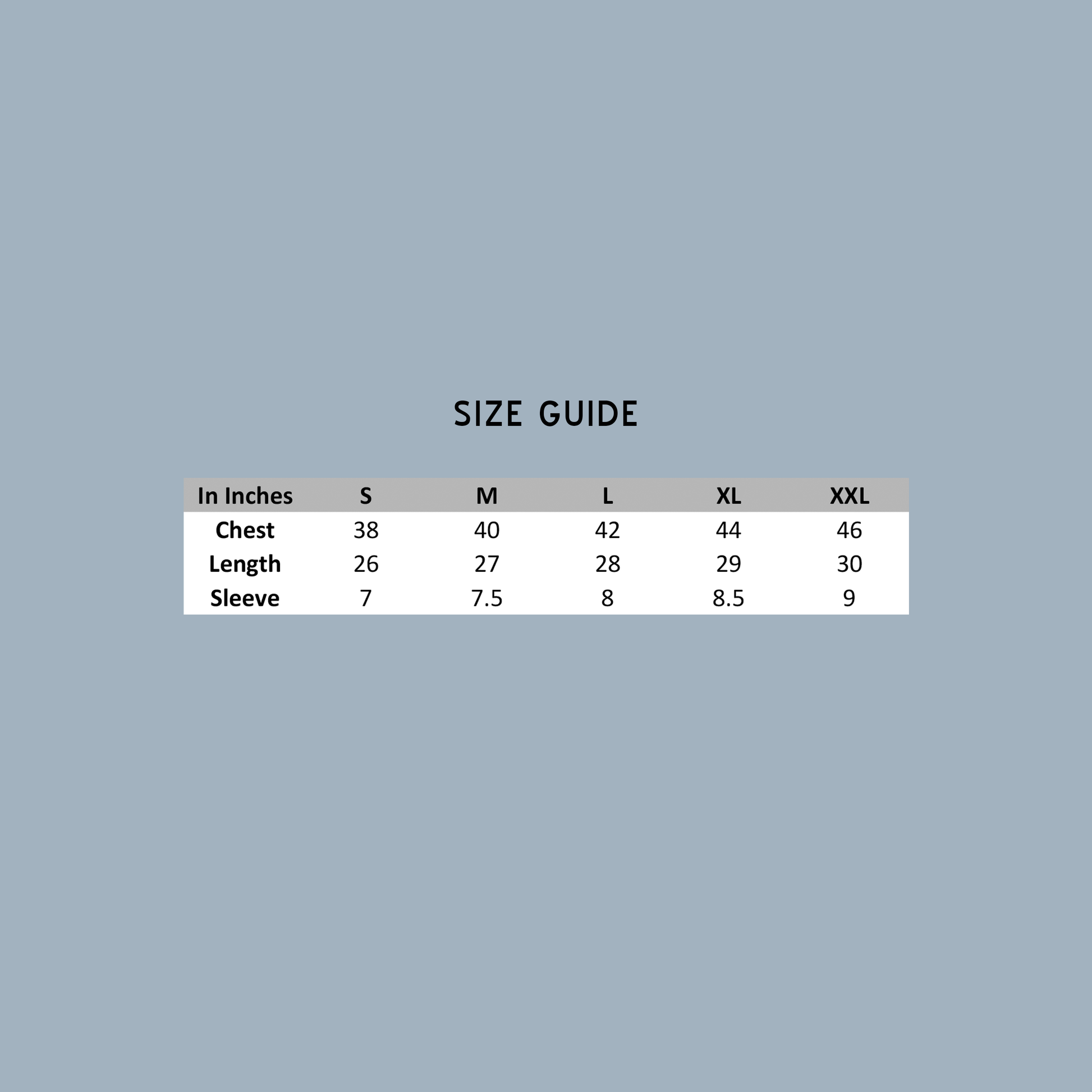 printed tshirt size chart